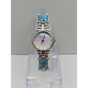 Womens Kristine Silver Tone Faux Turquoise Link Bracelet Watch New Battery Boho